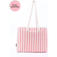 Pembe SHK234 Kanvas Kumaş Tek Bölmeli Çizgi Desenli Seyahat, Piknik ve Plaj Çantası