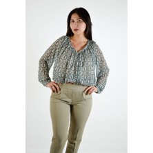 Desenli V Yaka Bluz - Petrol