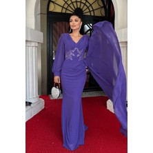 Şifon Kumaş Boncuk Işlemeli Şal Detaylı Abiye Elbise - Mor