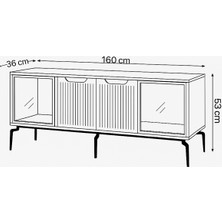 Viva Camlı Tv Sehpası - Atlantik Çam Mebran 4 Kapaklı Özel Cam Panelli Modern Tasarım 160x36x53 Cm