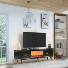 Maya Şömineli Tv Sehpası Siyah Gold 2 Kapaklı 1 Şömineli Oval Tasarım 180x40x50 Cm