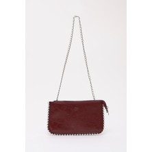 Bordo SHK182 Suni Deri 3 Bölmeli Boncuk Detaylı Fermuarlı Zincir Askılı El, Kol ve Omuz Çantası