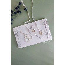 IOA Design Akasya - Gerçek Ince Mermer Söz/nişan Tepsisi (32X20 Cm) + Makas + 2 Adet Çıkarılabilir Yüzüklük - Gümüş Kulp