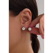 Gümüş 11 mm Nazar Boncuklu Boncuğu Altın Gold Kaplama Yuvarlak Çivili Göz Küpe