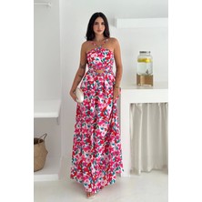 Boyun Bağcıklı Desenli Ithal Krep Kumaş Elbise