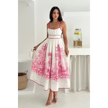 Desenli Keten Elbise Pembe