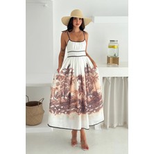 Desenli Keten Elbise Kahverengi