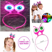 LED Işıklı &amp; Pilli 3 Farklı Modda Yanan Uzaylı Göz Parti Tacı Pembe Renk 18X12 cm