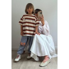 Erkek Çocuk Pamuklu Kumaş Çizgili Tshirt ve Eşofman Altı Alt Üst Takım Bej Kahverengi