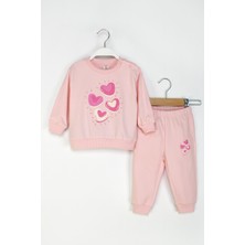 Kız Bebek Kalpli Eşofman Takım Bisiklet Yaka Sweatshirt ve Beli Lastikli Eşofman Altı