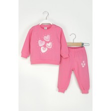 Kız Bebek Kalpli Eşofman Takım Bisiklet Yaka Sweatshirt ve Beli Lastikli Eşofman Altı