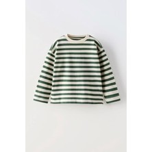 Unisex Çocuk Pamuklu Yeşil Çizgili Desen Sweatshirt