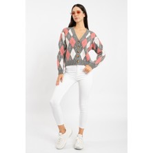 Rtd&vld Kadın VITA-177 Argile Baklava Desen Düğmeli Triko Hırka Gri