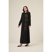 Si̇yah Beyaz Swarovski̇ Taş Detaylı Gi̇zli̇ Fermuarlı Tesettür Ferace 6158-25 Siyah