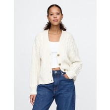 Gap Kadın Kırık Beyaz Yün Karışımlı Cable Örgü Oversize Hırka