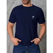 Erkek Lacivert Bisiklet Yaka Göğsü Palmiye Baskılı T-Shirt