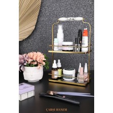 Iki Katlı Kare Sunumluk Kozmetik ve Banyo Düzenleyici Çok Amaçlı Altın Renk
