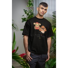 Unisex Player 1 Game Over Baskılı Tişört, Oversize Süper Mario Temalı Bisiklet Yaka T-Shirt