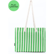 Yeşil SHK234 Kanvas Kumaş Tek Bölmeli Çizgi Desenli Seyahat, Piknik ve Plaj Çantası