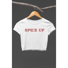 Spice Up Yazılı Crop Top, Kadın Biber Baskılı Crop Bluz