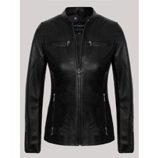 Hakiki Deri Siyah Dört Cepli Hakim Yaka Fermuarlı Kadın Deri Ceket