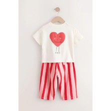 Kız Çocuk Kalp Desenli Pamuklu Tshirt ve Çizgili Pantolon Alt Üst Takım