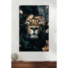 Yaprakların Içinde Aslan Portresi Cam Tablo, Modern Ev ve Ofis Dekoru, Hediyelik Duvar Dekorasyonu