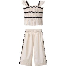 Kız Çocuk Keten Kumaş Fisto Şeritli Bluz ve Pantolon Alt Üst Takım