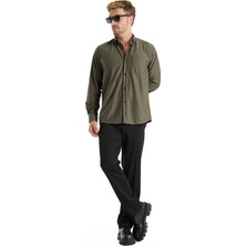 Varetta Erkek Gömlek Haki Yeşil Likralı Uzun Kollu Cepli Rahat Kalıp Dökümlü Pamuklu Günlük Şık Model