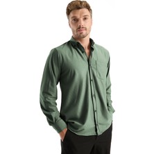 Varetta Erkek Gömlek Yeşil Likralı Uzun Kollu Cepli Rahat Kalıp Salaş Dökümlü Pamuklu Günlük Şık Model