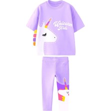 Kız Çocuk Unicorn Baskılı  Penye Taytlı Pamuklu Altüst Takım