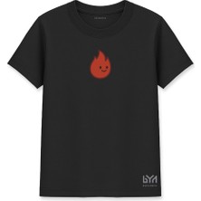 Gülümseyen Alev Damlası Karakterli Siyah Basic Tişört