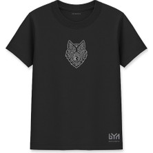 Göktürk Motifli Gümüş Bozkurt Kafası Siyah Basic Tişört