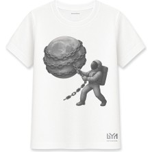 Zincirli Ay Astronot Tasarımlı Beyaz Basic Tişört