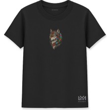 Renkli Tüy Detaylı Bozkurt Portre Siyah Basic Tişört