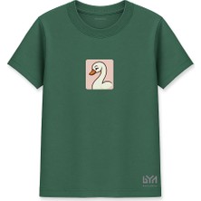 Zarif Kuğu Illüstrasyonlu Minimal Tasarımlı Yeşil Basic Tişört