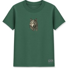 Etnik Desenli Bozkurt Portre Yeşil Basic Tişört