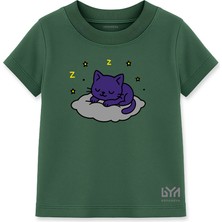 Yıldızlı Kedi Rüyası Yeşil Çocuk Basic Tişört