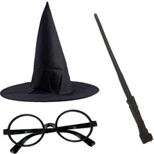 Harry Potter Siyah Şapkası Harry Potter Gözlüğü Harry Potter Asası 3 Lü Set