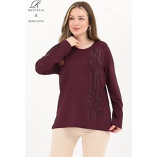 Kadın Orta Yaş ve Üzeri Viskon Şerit Desen Taşlı Işlemeli Likralı Koyu Bordo Anne Penye Bluz