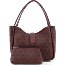 Monogram Baskılı Bordo SHK79 Deri Düğme Detaylı Çıtçıtlı Makyaj Çantalı Kol ve Omuz Çantası