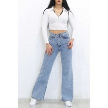 Eliza Açık Mavi Kar Yıkama Power Likralı Süper Yüksek Bel Salaş Paça Jeans (1 Beden Büyük Alınız)