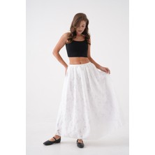 Kadın Beyaz Yakma Şifon Desenli Organze Astarlı Uzun Etek 29096