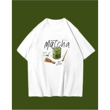 Matcha Baskılı Oversize Unisex Beyaz Pinterest Tshirt