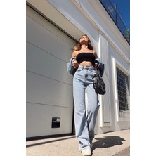 Oslo Açık Mavi Kar Yıkama Power Likralı Süper Yüksek Bel Salaş Paça Jeans Palazzo (Wide Leg)