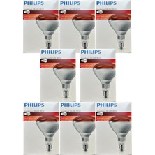 (8 Adet) Philips 250W Kızılötesi (Infrared) Isıtıcılı Hayvan Isıtma ve Fizik Tedavi Lambası (Kırmızı Işık) E27 (Kalın Duy)