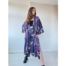 Retrobird Tasarım Marin Zincir Desen Uzun Kimono Kadın Lacivert