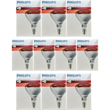 (10 Adet) Philips 250W Kızılötesi (Infrared) Isıtıcılı Hayvan Isıtma ve Fizik Tedavi Lambası (Kırmızı Işık) E27 (Kalın Duy)
