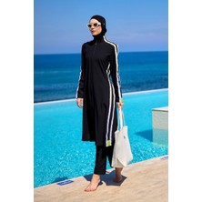 Marina Siyah Tam Kapalı Mayo M2529 – Hakim Yakalı, Belden Büzgülü, Polyester, Düz Renk, Su İtici