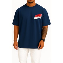 Oversize Kırmızı ve Beyaz Ülke Bayrağı, Singapur Bayrağı Cep Tasarımlı Unisex T-Shirt